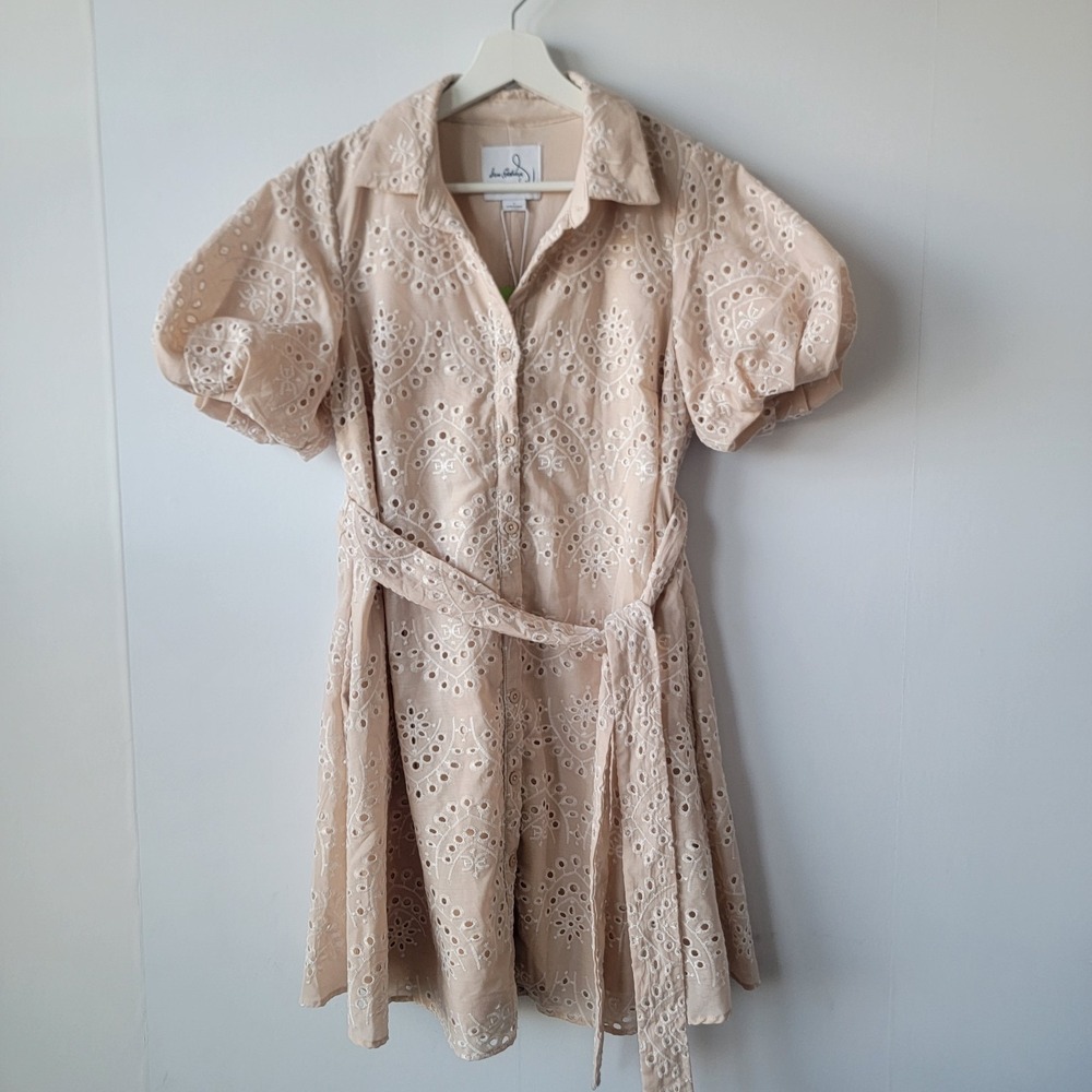 Sam Edelman women's Belted mini Eyelet Shirt Dress sz 6 Puff Sleeves Minimalist